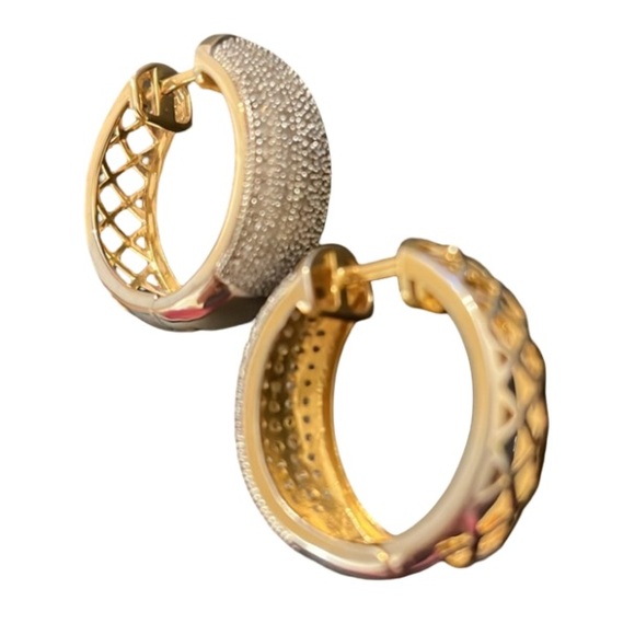 Designer 14KT Gold Plated Paved CZ Crystal Diamond Cut Out Huggie Hoops - Picture 6 of 11